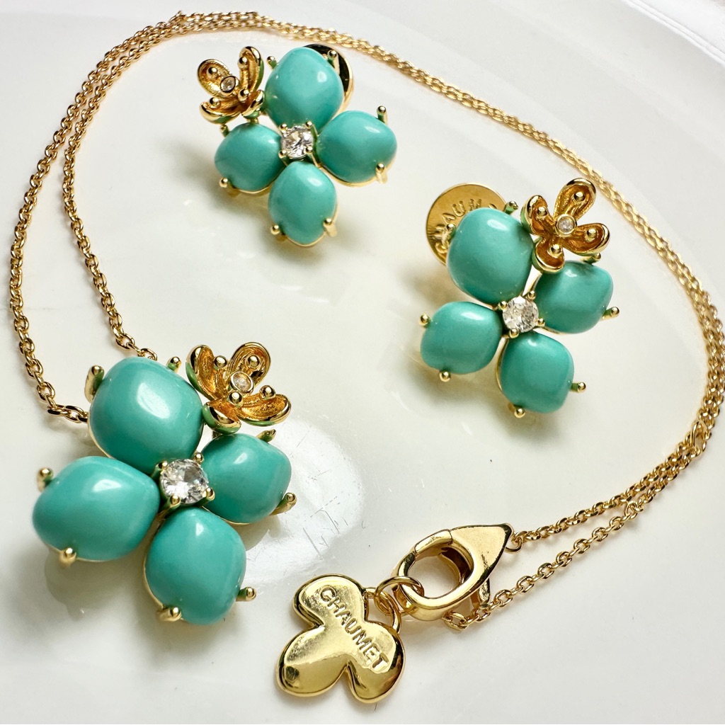 Elegant Gold And Turquoise Floral Necklace And Earrings A6 25$